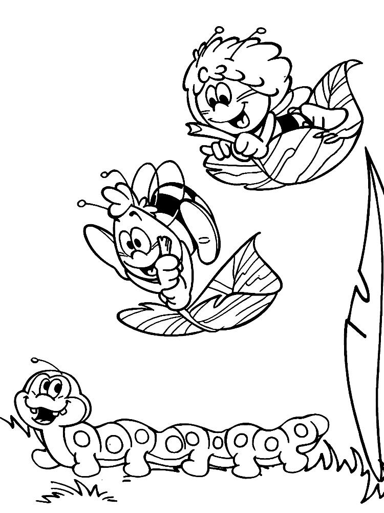 Раскраски с пчелкой Майя для малышей  Пчелка Майя со своим другом летают на листьях