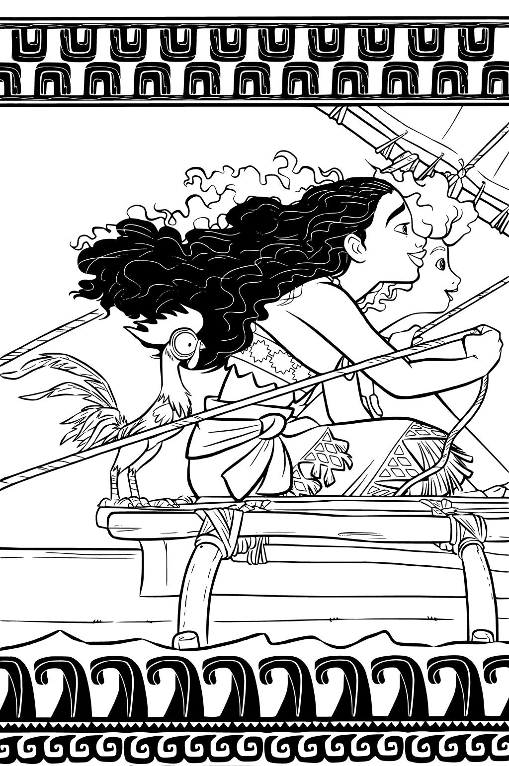 Раскраски к современному мультфильму Моана для детей  Раскраска принцесса Моана и петух Хей-хей на корабле