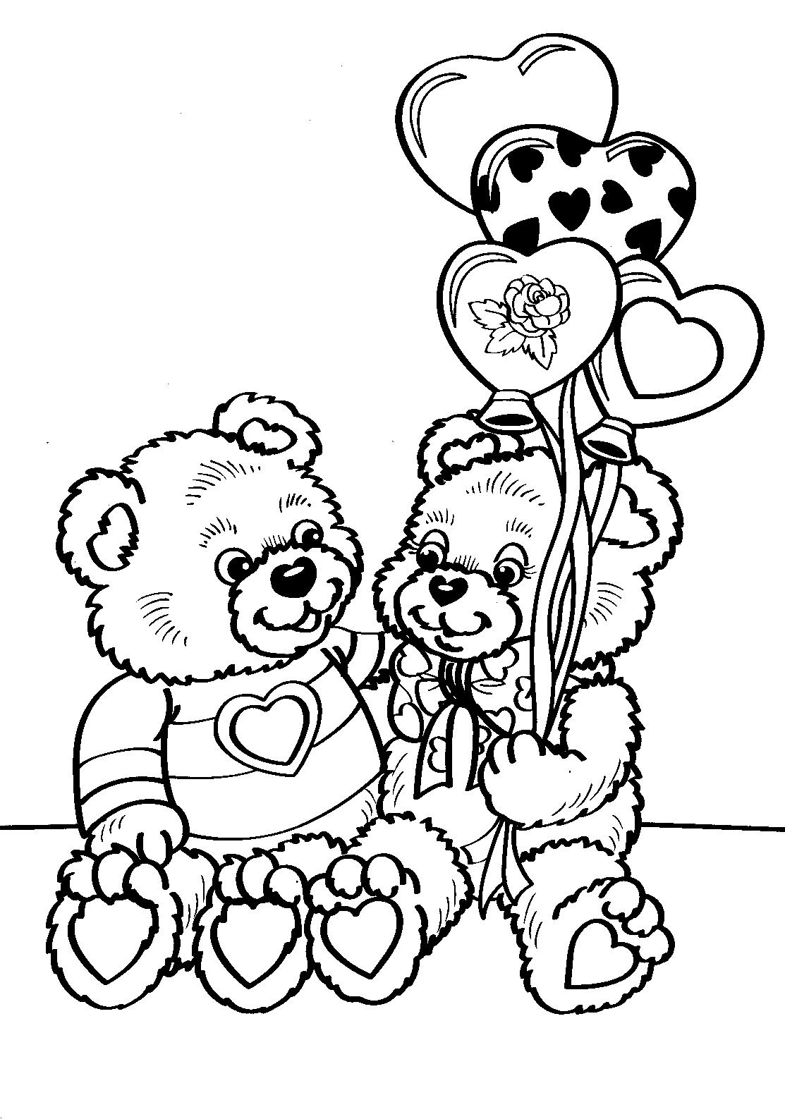 Раскраски с мишками Тедди, милые и красивые раскраски для детей с медвежатами  Раскраска мишки Тедди сидят рядом и воздушные шарики в виде сердца