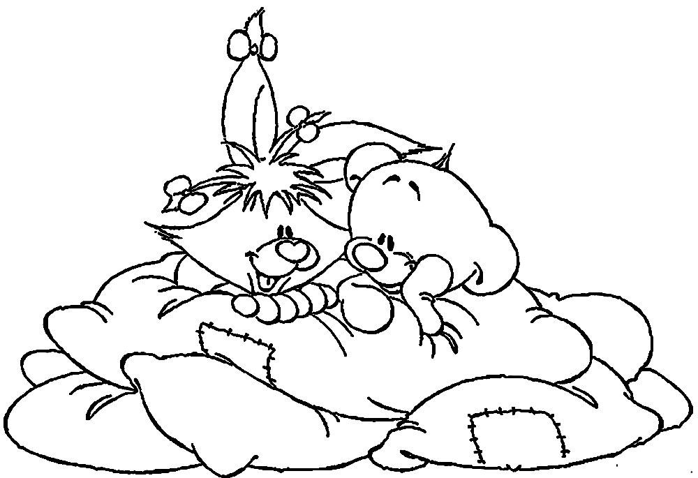 Раскраски с мишками Тедди, милые и красивые раскраски для детей с медвежатами  Мишка тедди с кроликом на подушках
