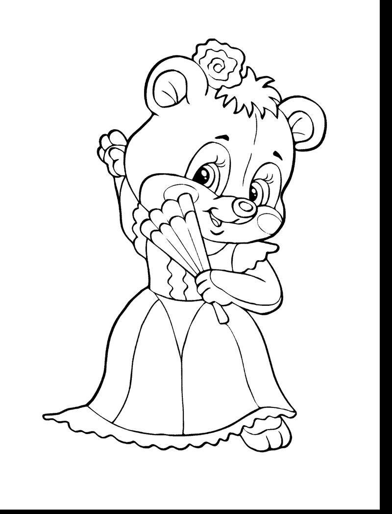 Раскраски с мишками Тедди, милые и красивые раскраски для детей с медвежатами  Раскраска мишка Тедди девочка с веером