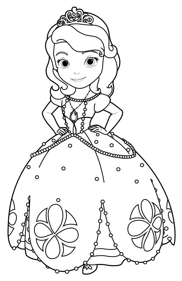 Раскраски с принцессой Софией для девочек. Раскраски из мультфильмов про принцесс  Раскраска принцесса София в своем красивом платье
