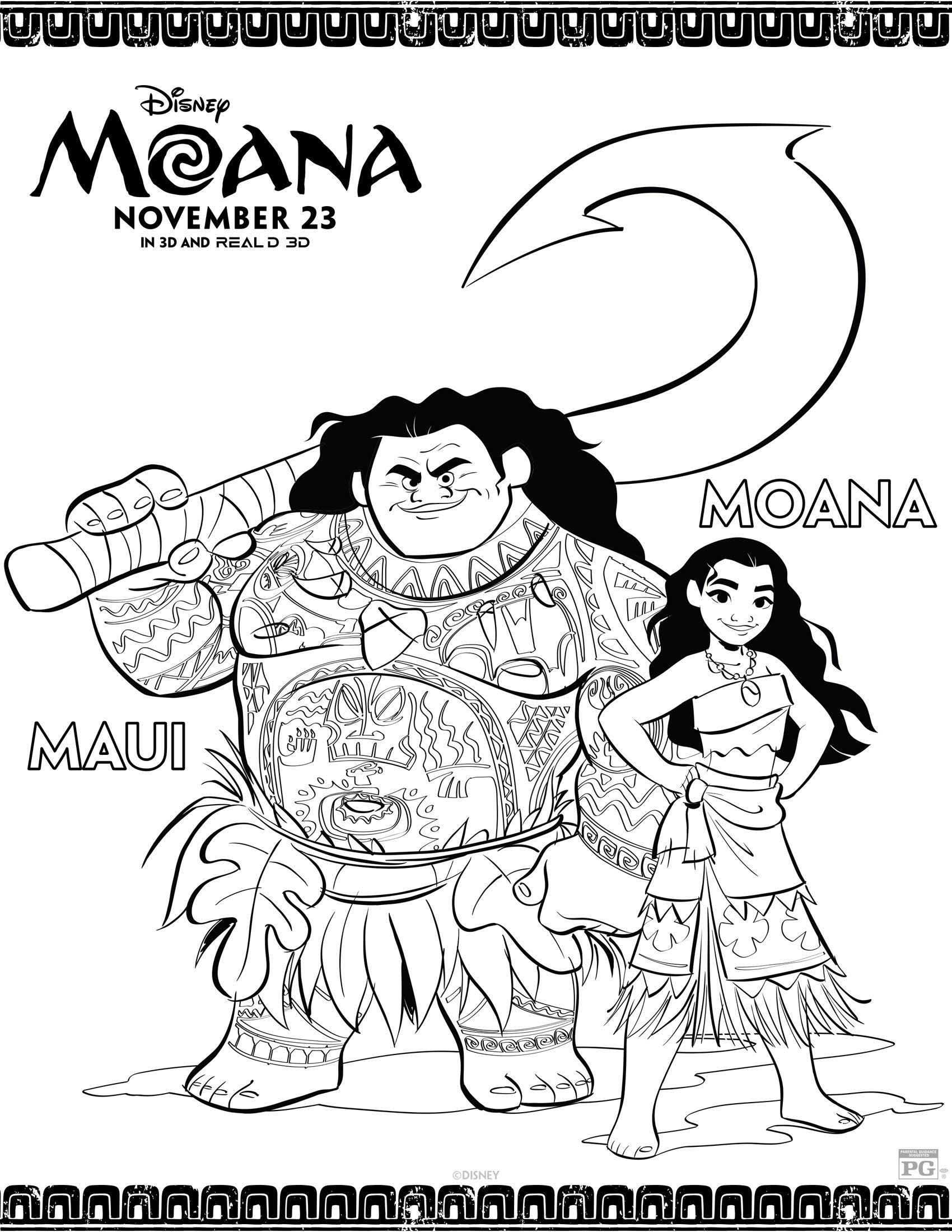 Раскраски к современному мультфильму Моана для детей  Раскраска Моана и Мауи