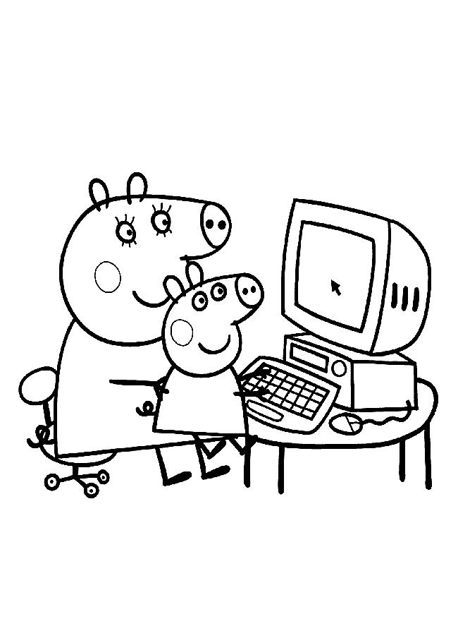 Познавательные и забавные раскраски для детей про свинку Пеппу  Свинка Пеппа с мамой за компьютером