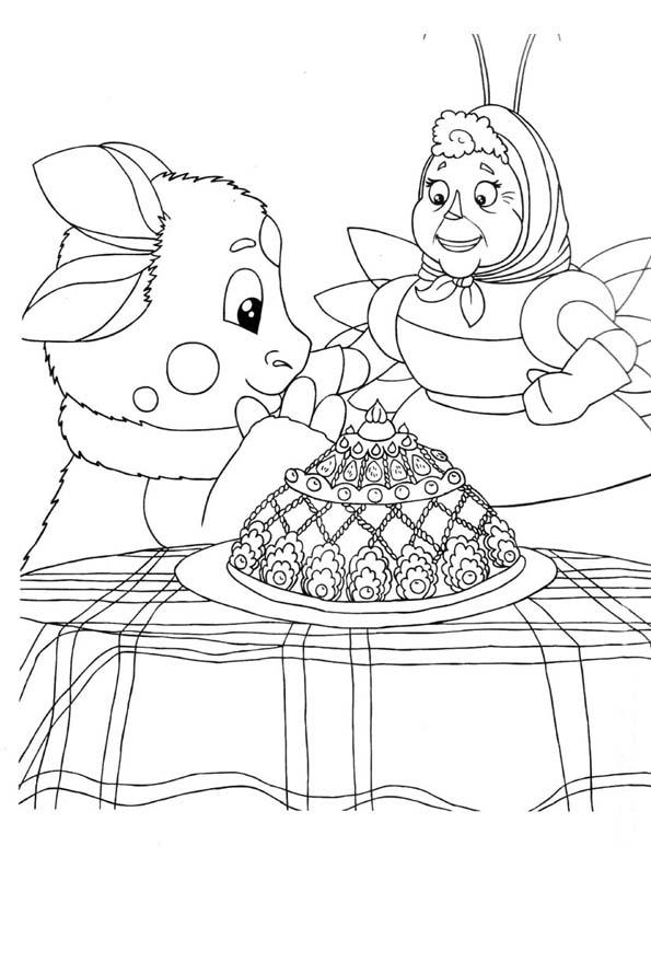Раскраски про Лунтика  Раскраска лунтик и тетушка пчелка с пирогом 
