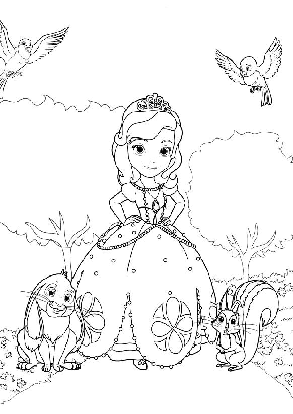 Раскраски с принцессой Софией для девочек. Раскраски из мультфильмов про принцесс  Раскраска принцесса София с животными в лесу