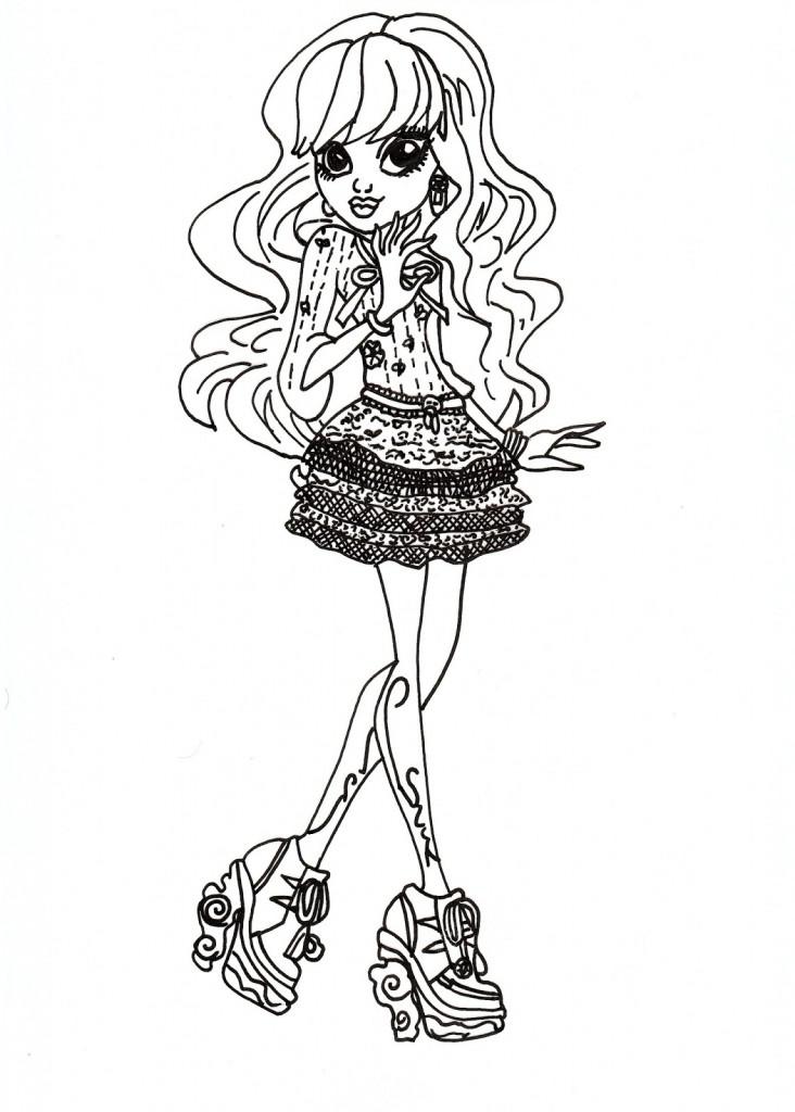  Раскраска Монстер хай. Девочка с длинными волнистыми волосами и красивом платье