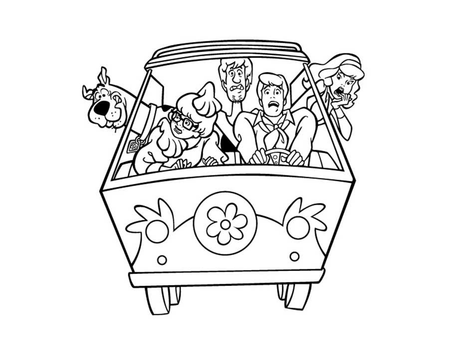 Раскраски про Скуби Ду. Раскраски по мультфильму Скуби Ду. Раскраски со Скуби Ду для детей.  Скуби Ду и друзья едут в машине