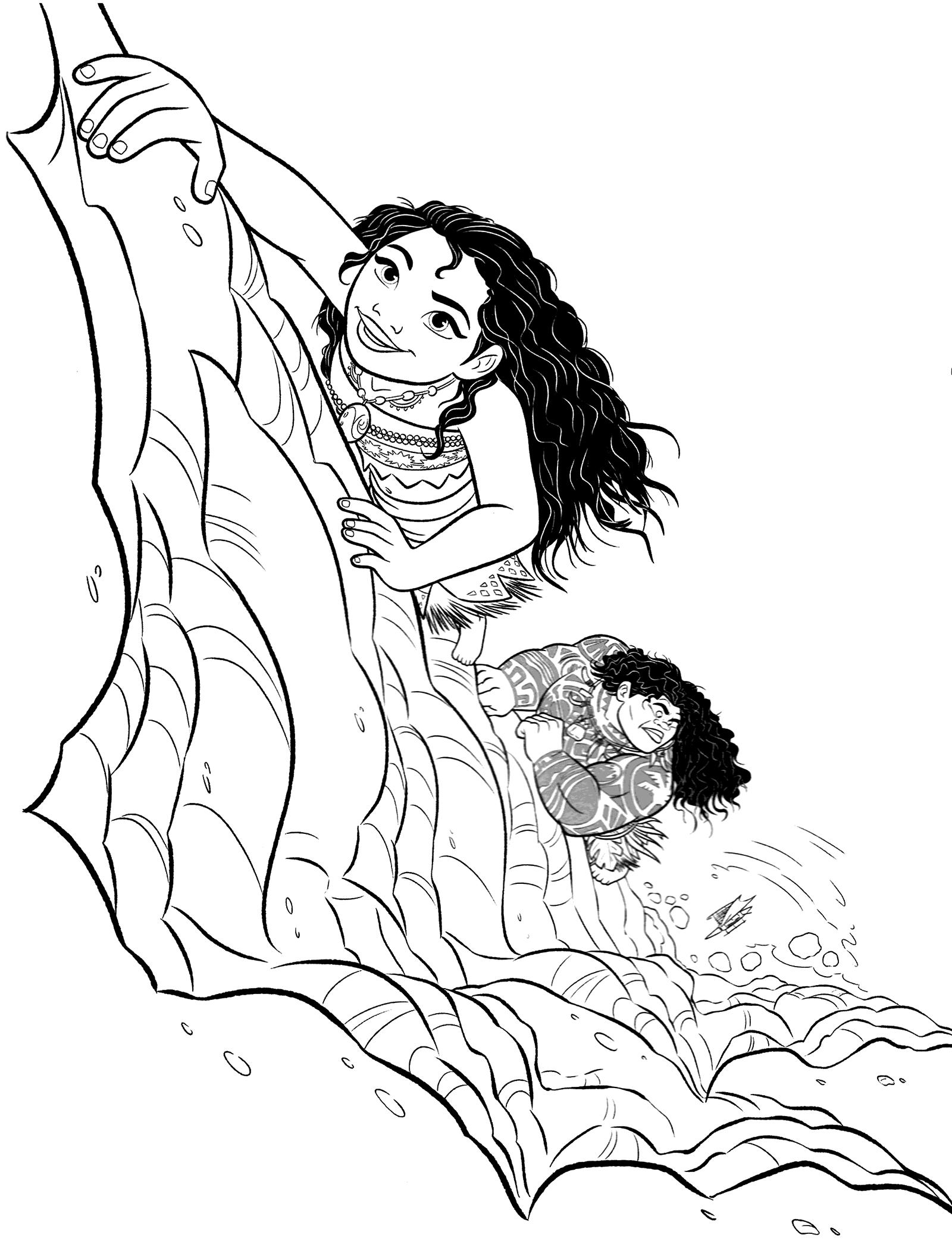 Раскраски к современному мультфильму Моана для детей  Раскраска Моана карабкается с Мауи по скале