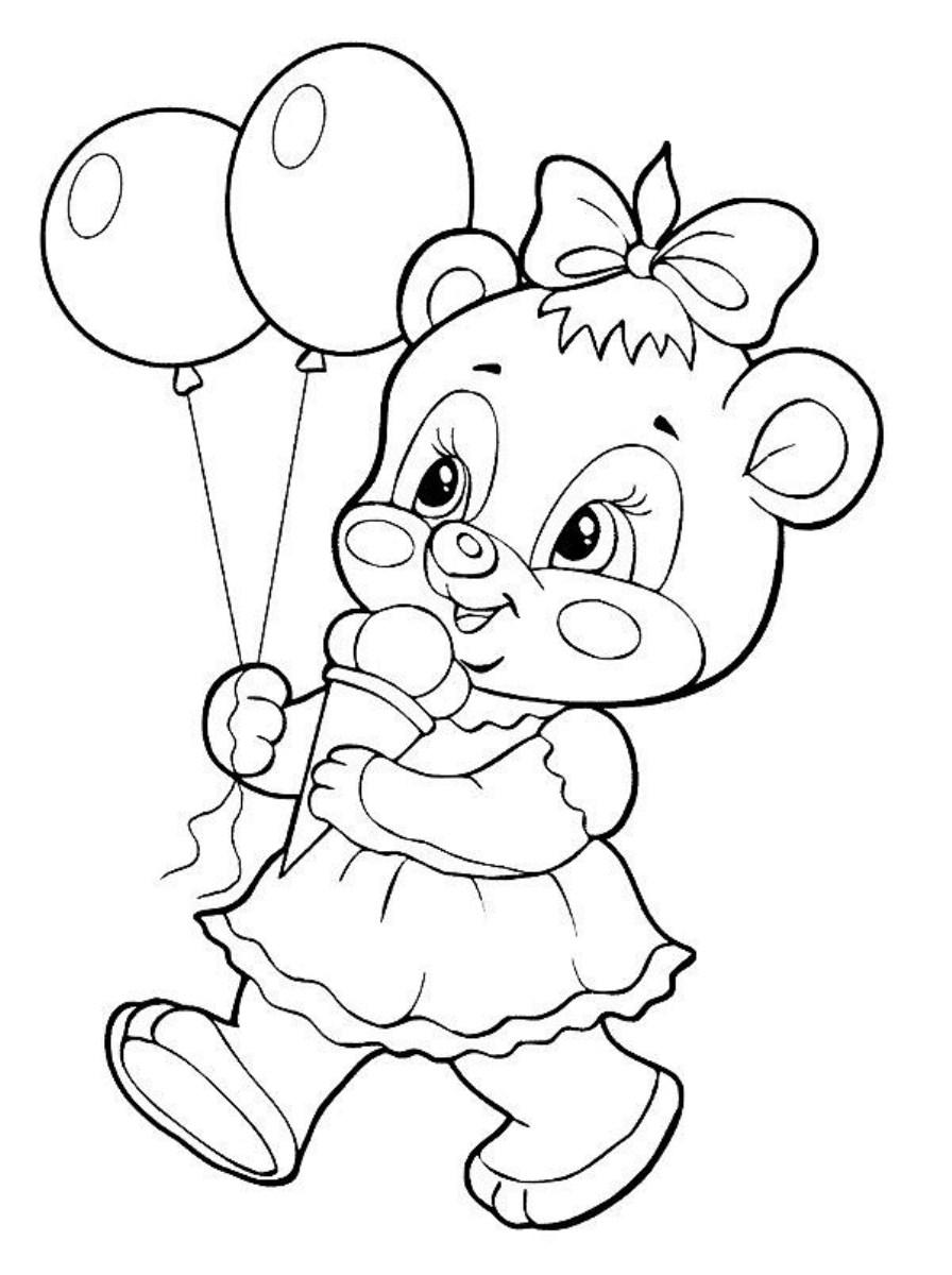 Раскраски с мишками Тедди, милые и красивые раскраски для детей с медвежатами  Девочка мишка Тедди с воздушными шариками и мороженым